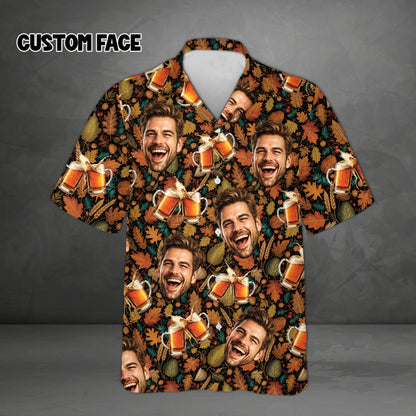 Front view of the custom name fall hawaiian shirt displaying the fun seasonal design