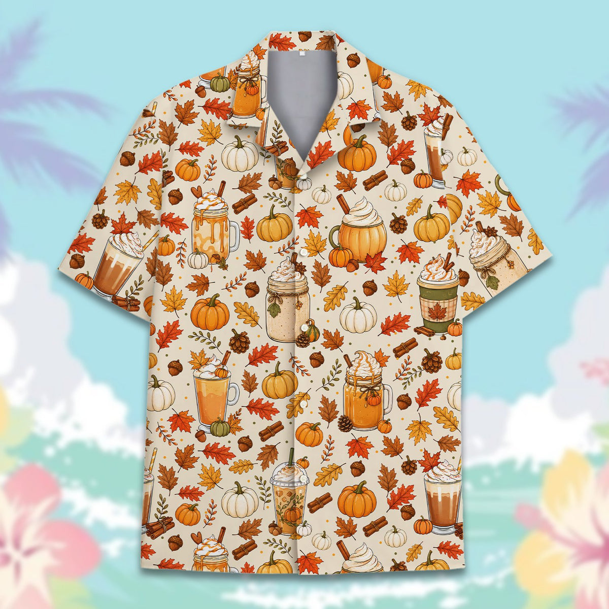 Detailed front view of holiday hawaiian shirt with pumpkin spice pattern
