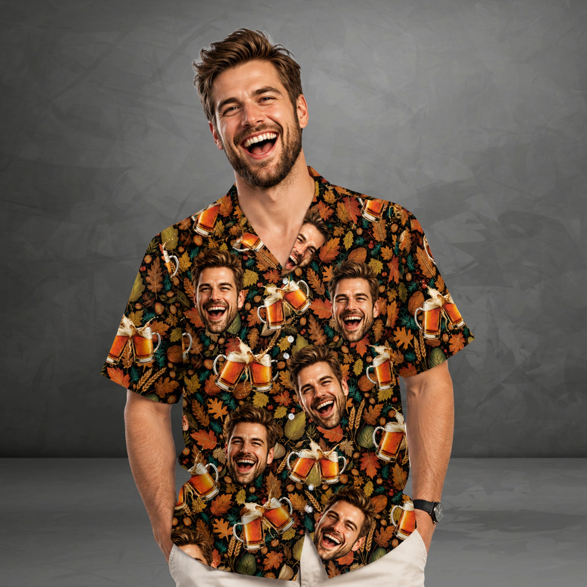 Lifestyle view of someone wearing the personalized thanksgiving hawaiian shirt with beer and leaves pattern