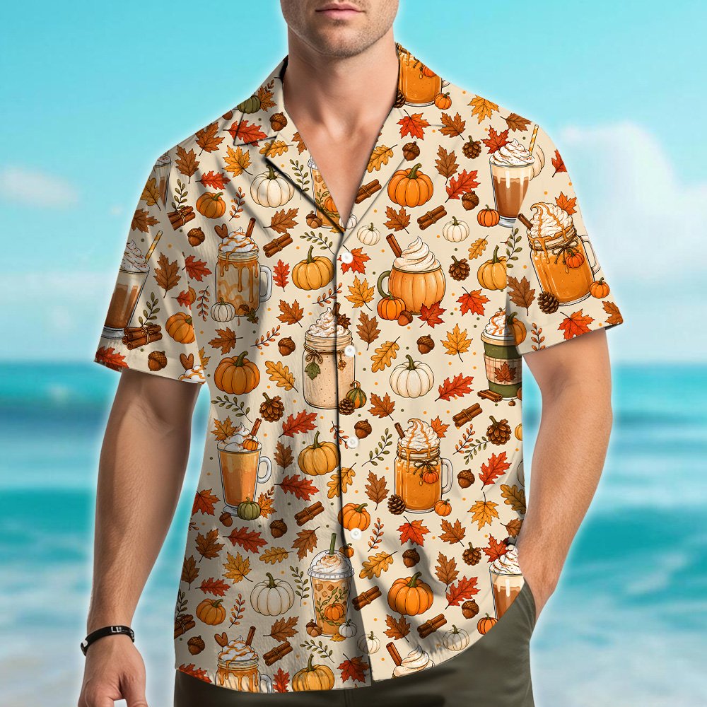 Family wearing thanksgiving hawaiian shirts in a lifestyle setting