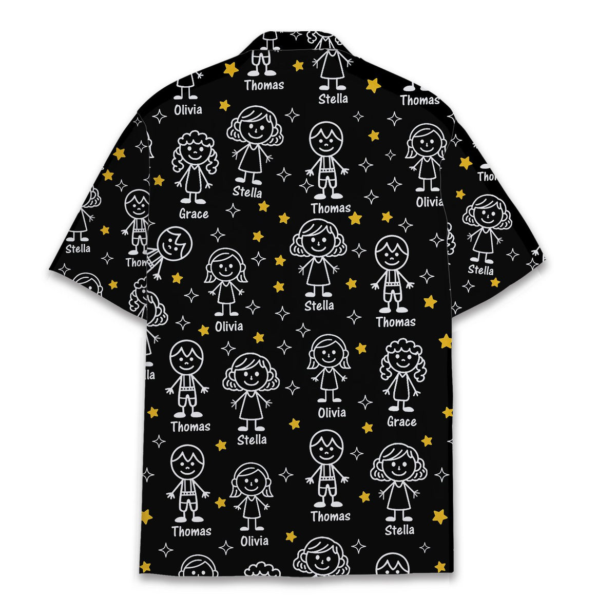 Main view of personalized black family hawaiian shirt with stick figure design and custom names.