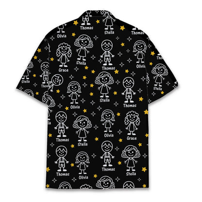 Main view of personalized black family hawaiian shirt with stick figure design and custom names.