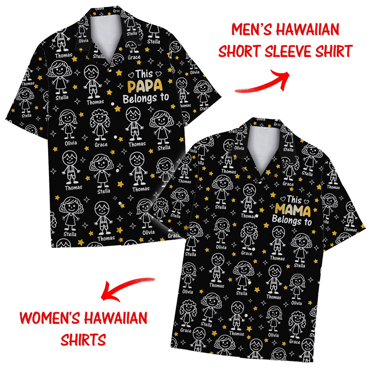 Front view of custom black family hawaiian shirt featuring stick figures.