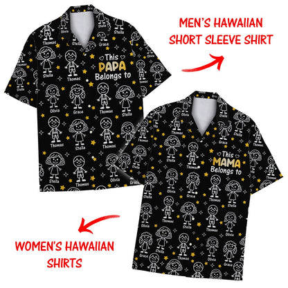 Front view of custom black family hawaiian shirt featuring stick figures.