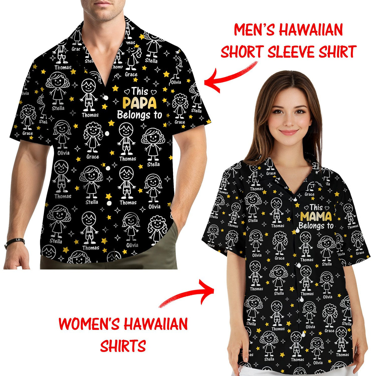 Another lifestyle view of family in their custom family matching hawaiian shirts.