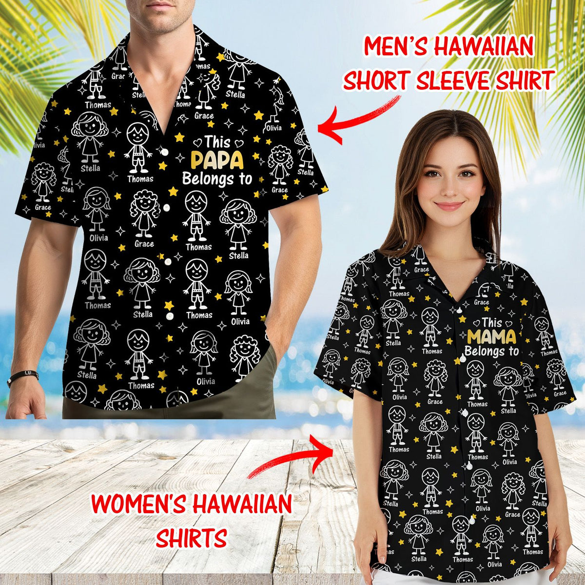 Close-up lifestyle view of the personalized hawaiian shirt with names.
