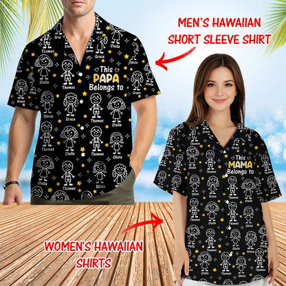 Fourth lifestyle view showing the fun stick-figure family hawaiian shirt.