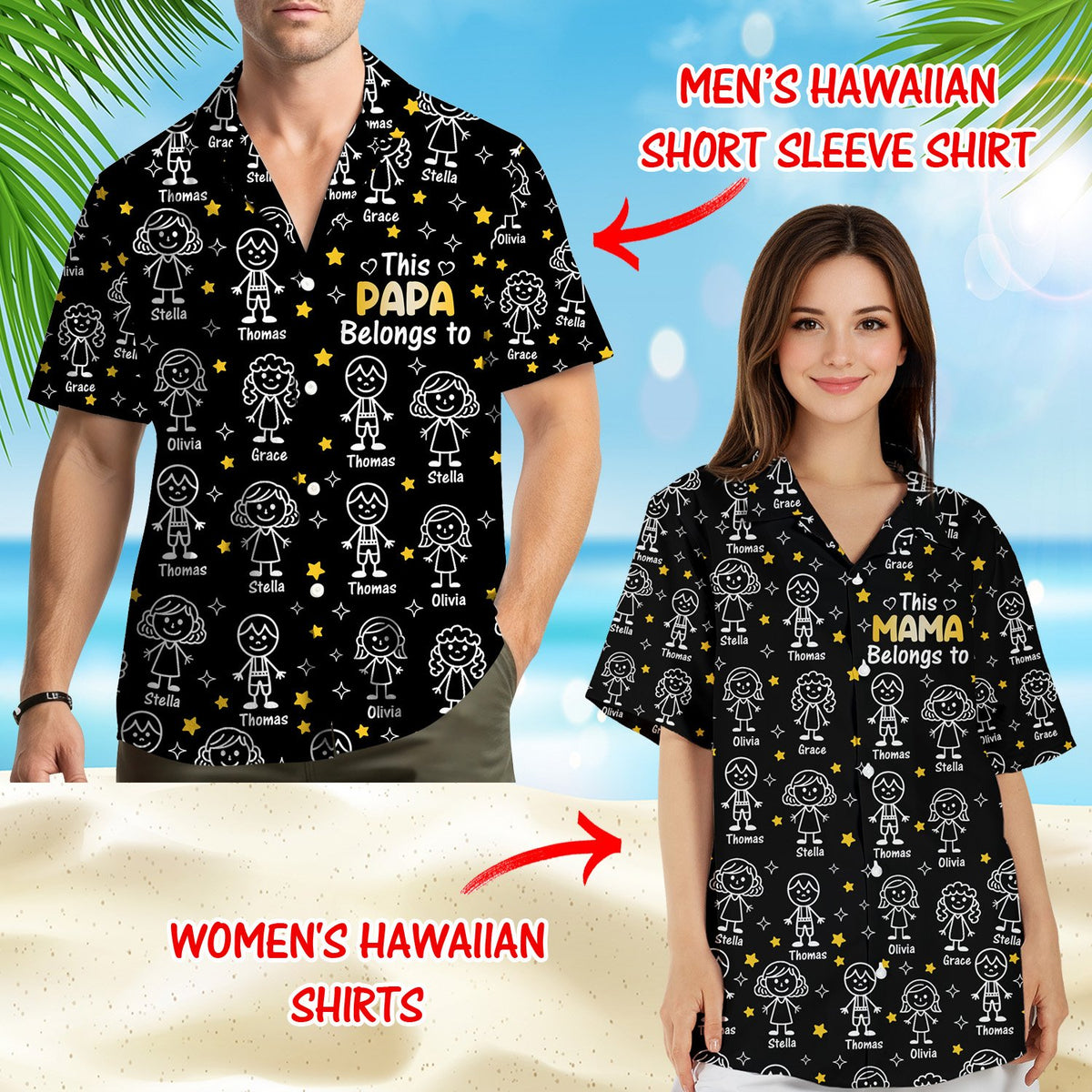 Lifestyle view of family wearing matching family hawaiian shirts in black.