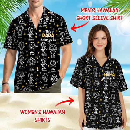 Lifestyle view of family wearing matching family hawaiian shirts in black.