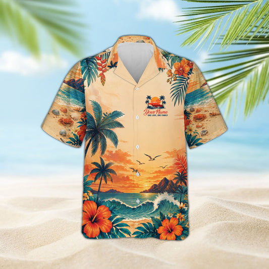Front view of the personalized family reunion hawaiian shirt featuring a tropical sunset design.