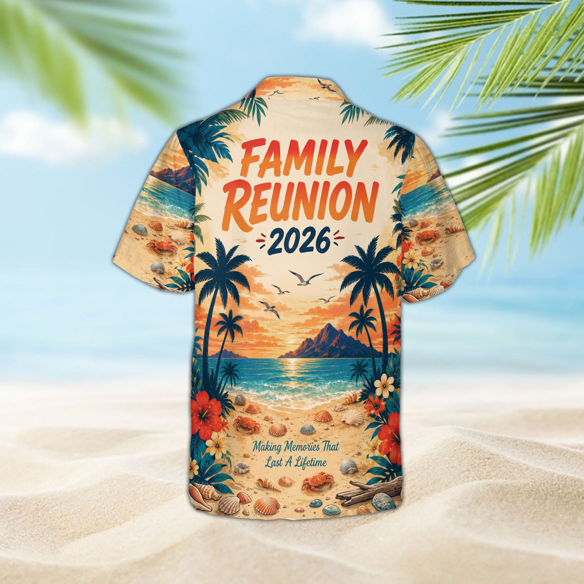 Another lifestyle view showcasing the customized family reunion hawaiian shirt in a natural setting.