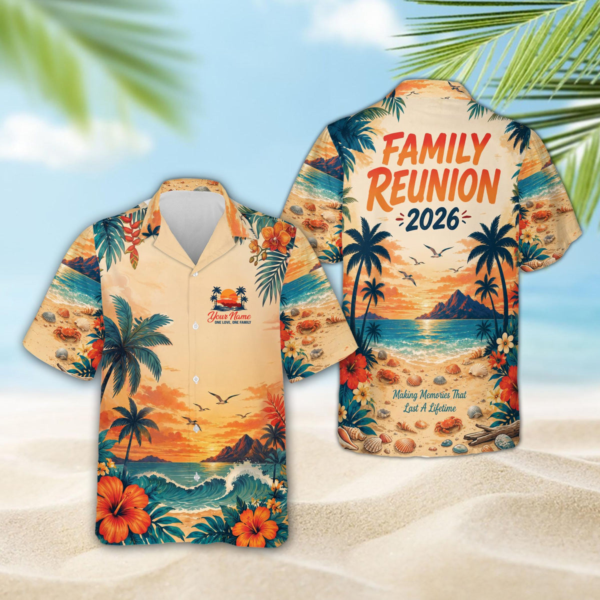 Lifestyle view of a family wearing matching family hawaiian shirts outdoors.