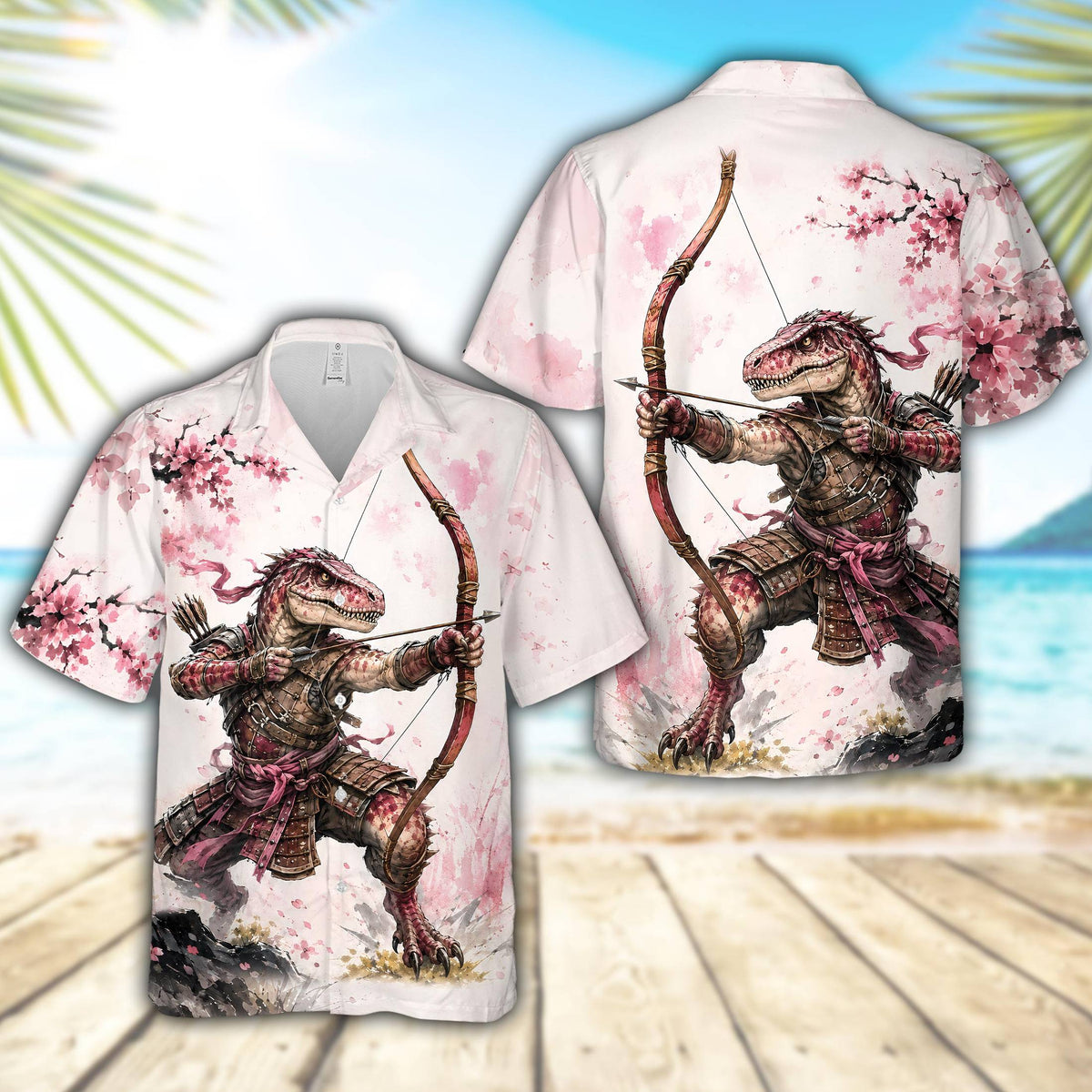 Fantasy hawaiian shirt featuring a warrior creature and cherry blossoms, main view