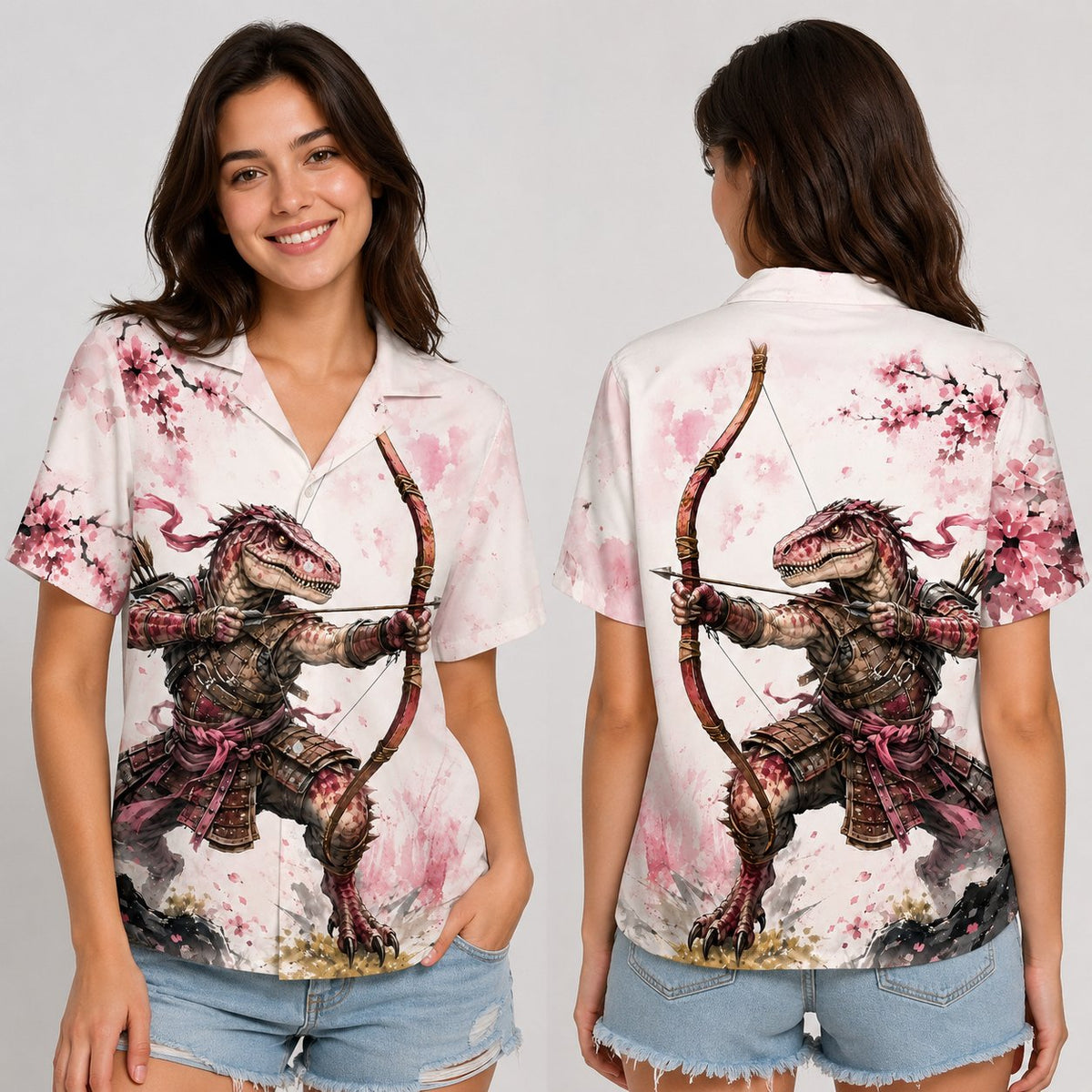 Lifestyle view of a person wearing the fantasy hawaiian shirt with warrior creature design