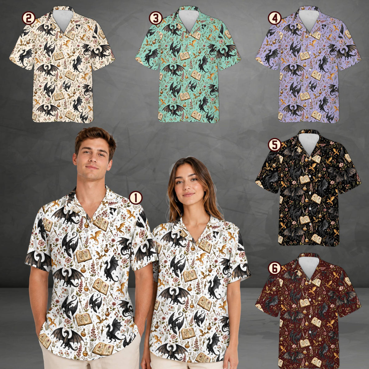 Lifestyle view of a family wearing the fantasy dragon matching family hawaiian shirts