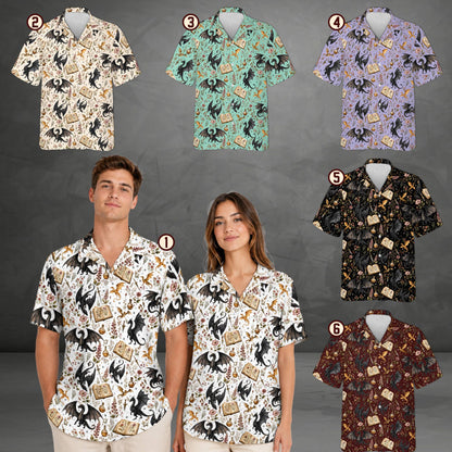 Lifestyle view of a family wearing the fantasy dragon matching family hawaiian shirts