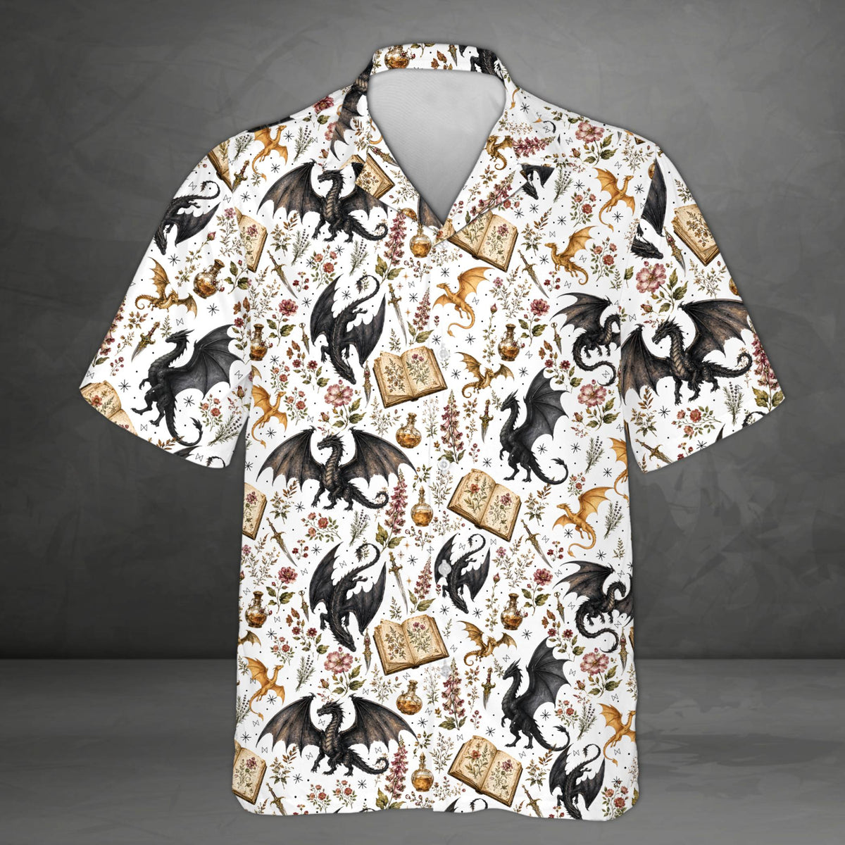 Matching family hawaiian shirt white featuring fantasy dragon and spellbook print, front view