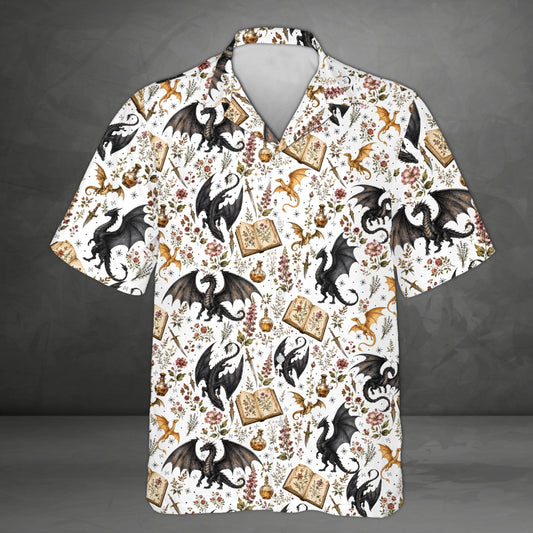 Matching family hawaiian shirt white featuring fantasy dragon and spellbook print, front view