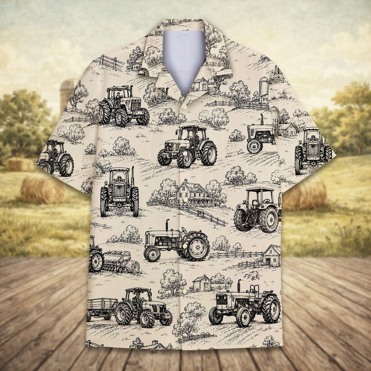 Detailed front view of the farm scene pattern hawaiian shirt