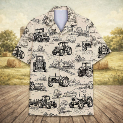 Detailed front view of the farm scene pattern hawaiian shirt