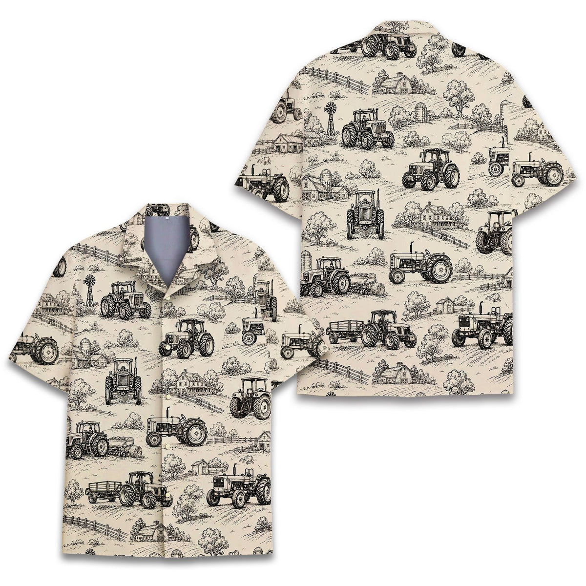 Another front view of the beige farm hawaiian shirt