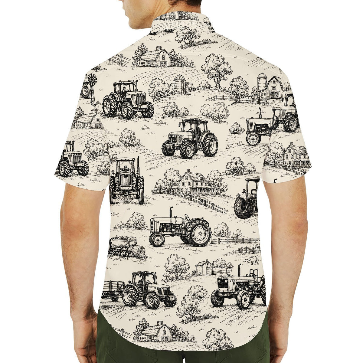 Family wearing matching farm hawaiian shirts in a casual setting