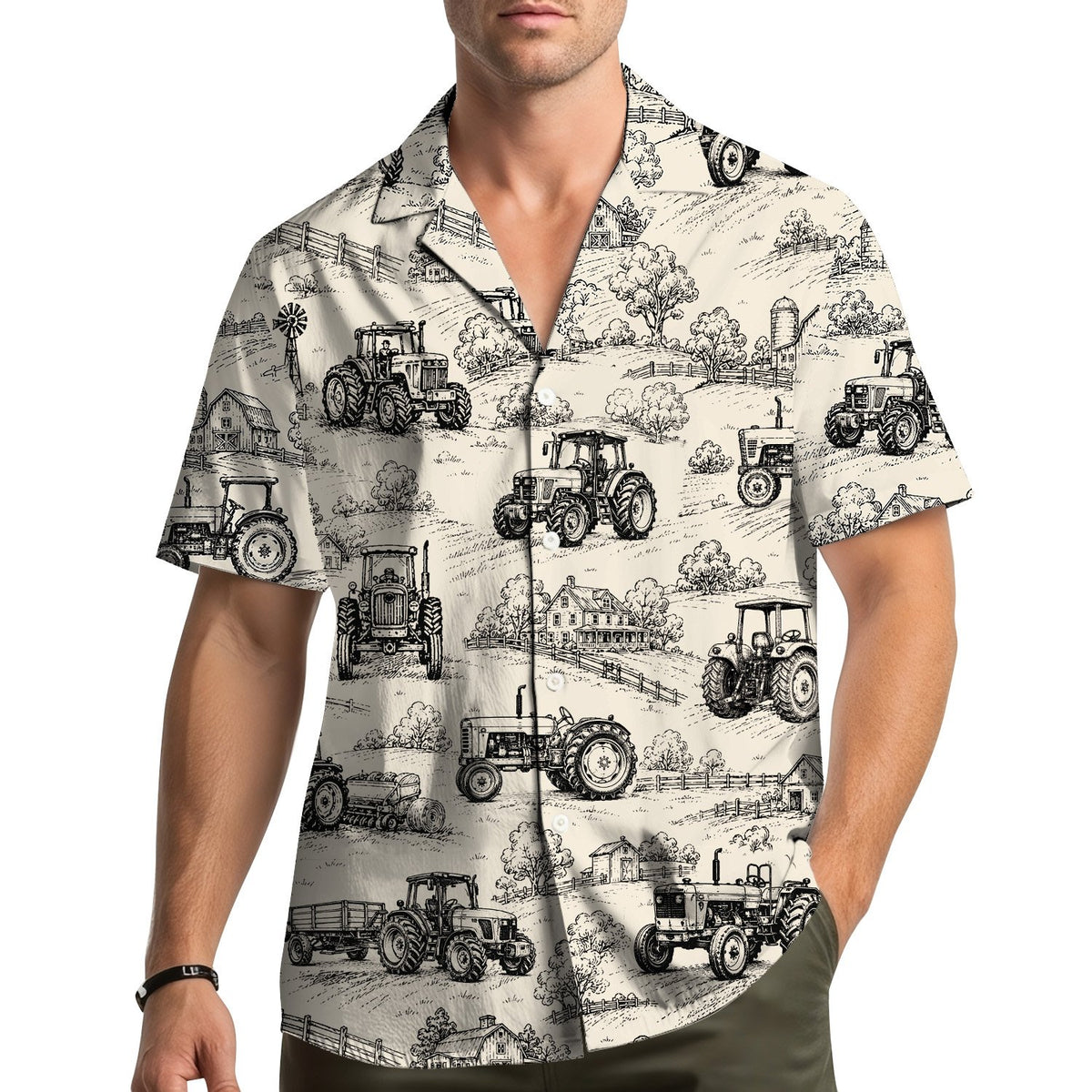 Person wearing the beige farm hawaiian shirt outdoors