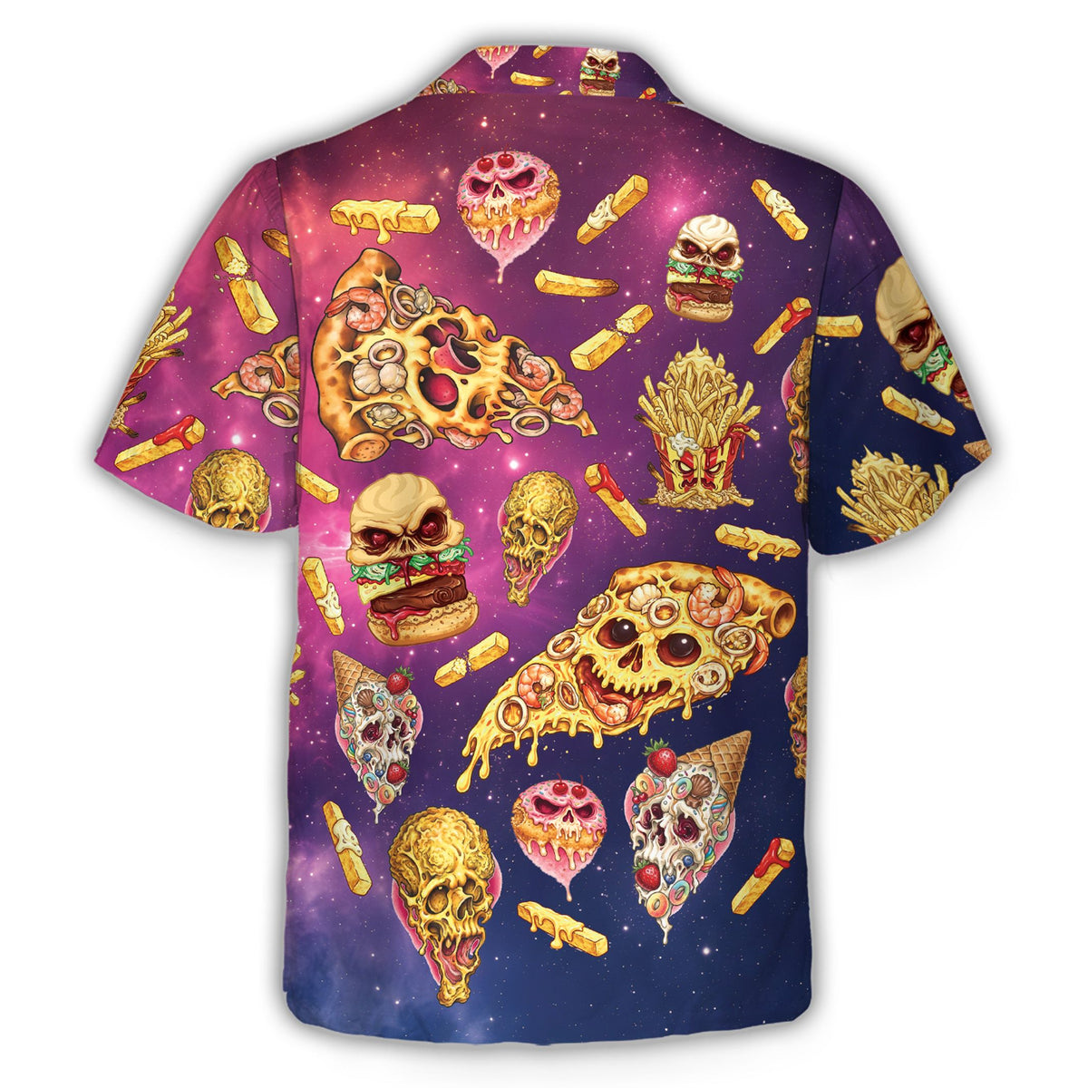 Back view of the fast food skulls hawaiian shirt with vibrant space and food print