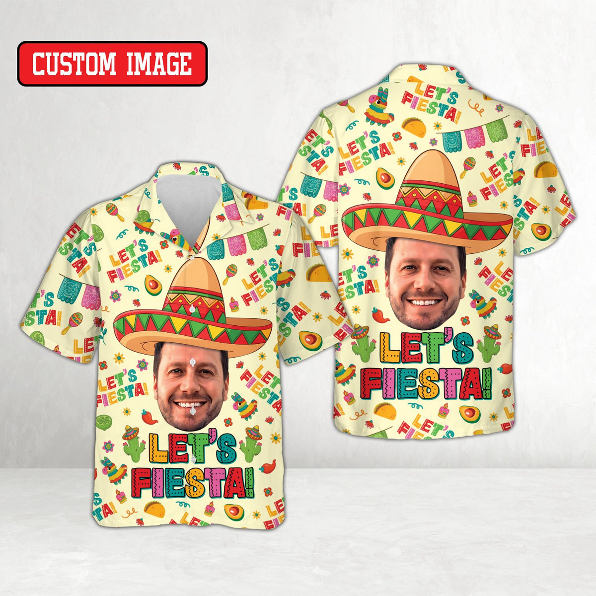 Matching family hawaiian shirt in beige fiesta design, front view