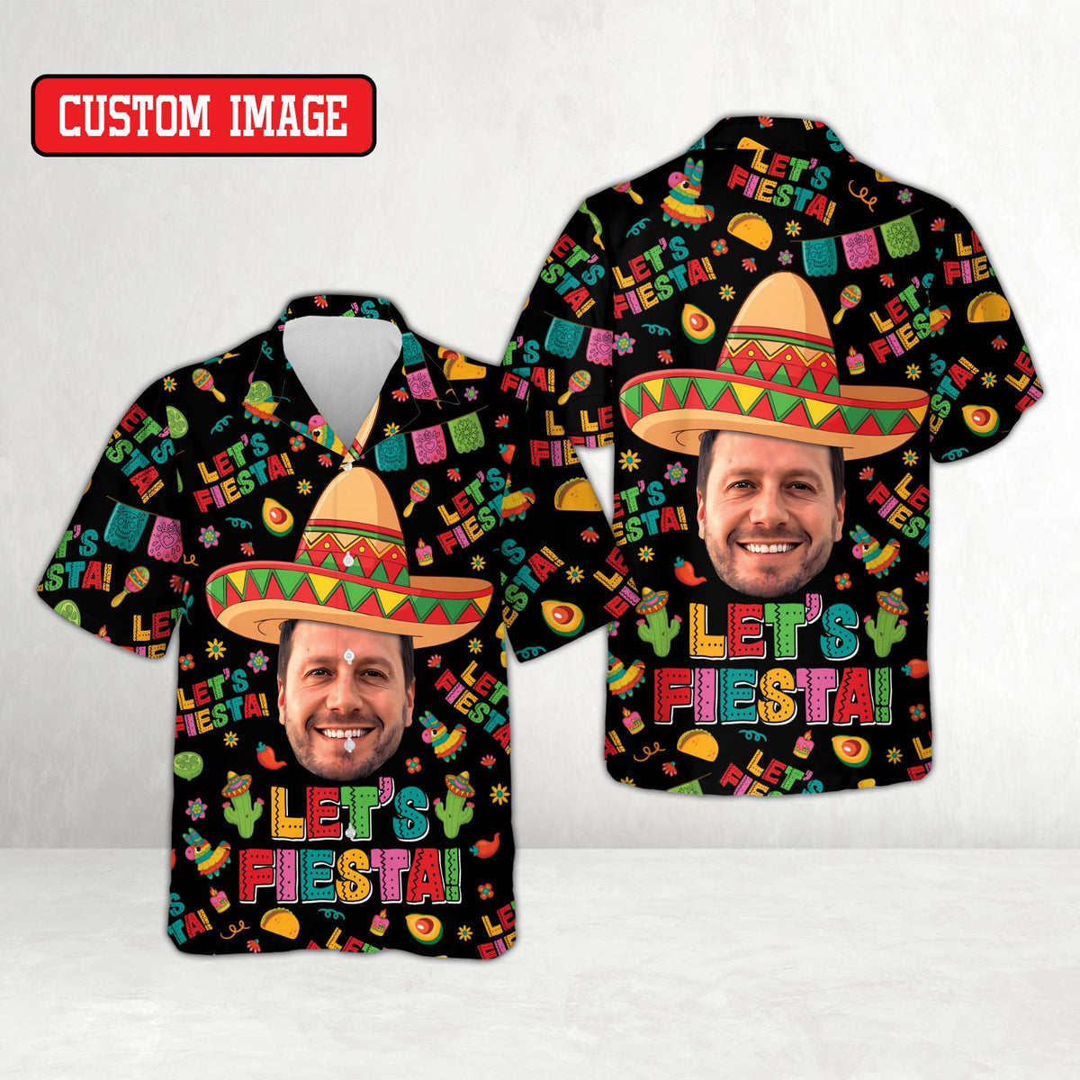 Black fiesta hawaiian shirt with custom face and festive pattern, main view