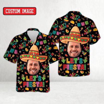 Black fiesta hawaiian shirt with custom face and festive pattern, main view