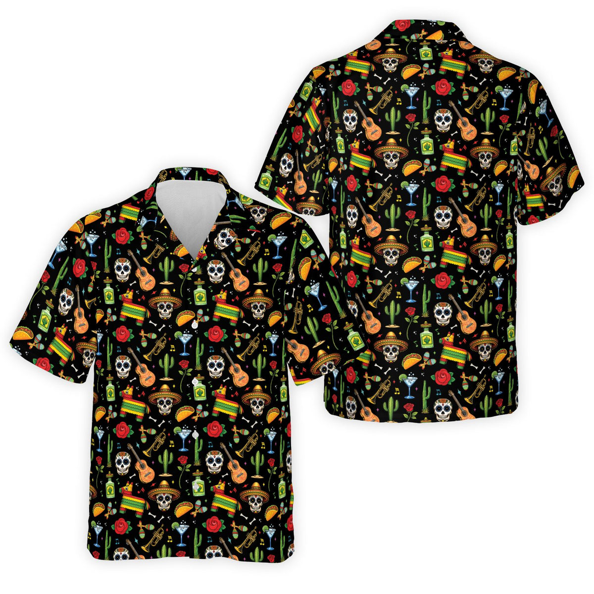 Main view of the matching family hawaiian shirts featuring a black fiesta and Day of the Dead pattern