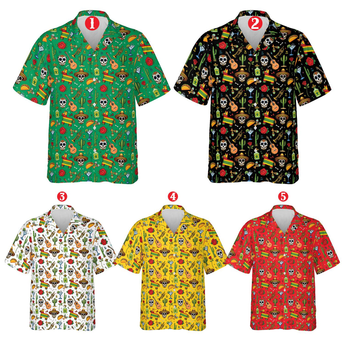 Front view of the black fiesta and Day of the Dead Hawaiian shirt