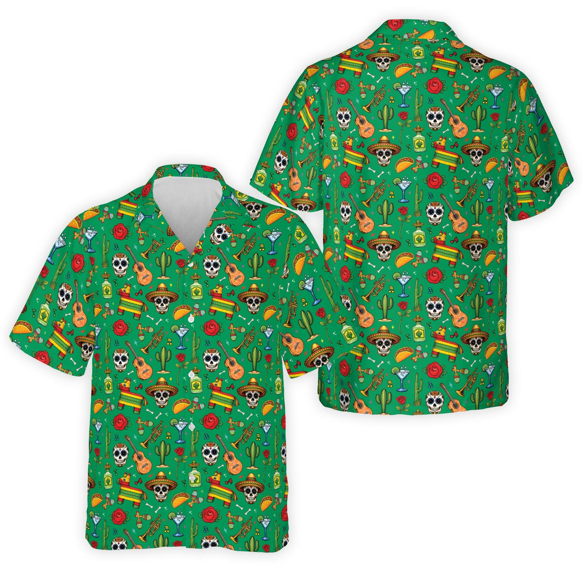 Front view of the green fiesta and Day of the Dead Hawaiian shirt