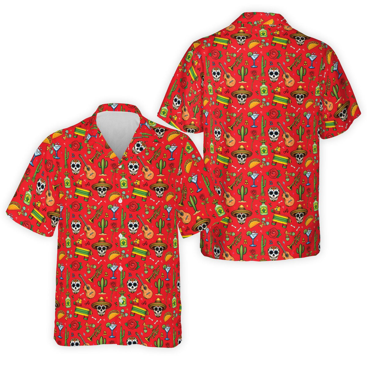 Front view of the red fiesta and Day of the Dead Hawaiian shirt