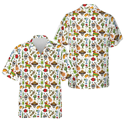 Front view of the white fiesta and Day of the Dead Hawaiian shirt