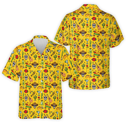 Front view of the yellow fiesta and Day of the Dead Hawaiian shirt