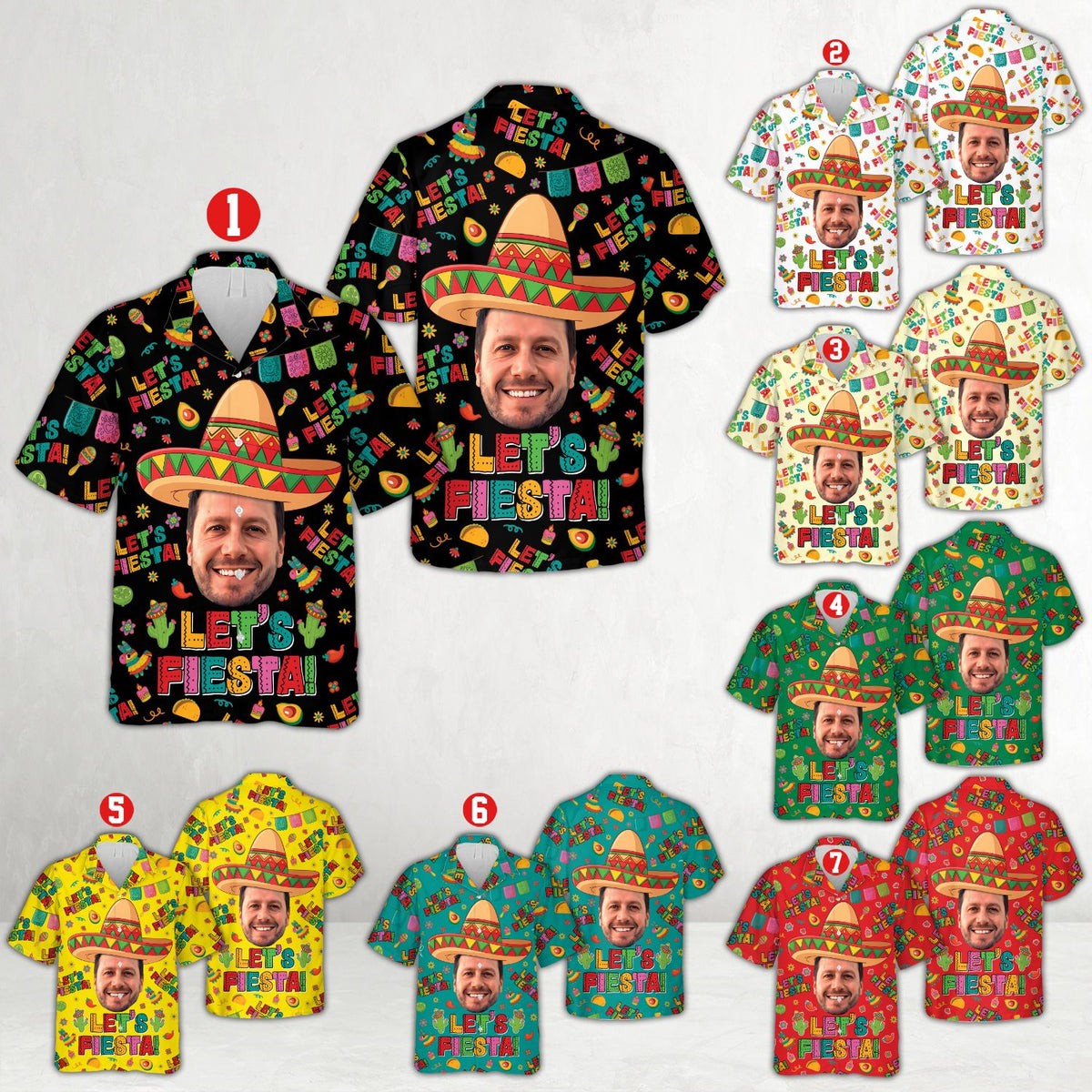 Matching family hawaiian shirt in black fiesta design, front view