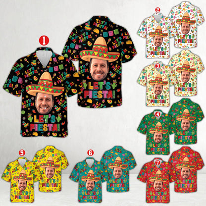 Matching family hawaiian shirt in black fiesta design, front view