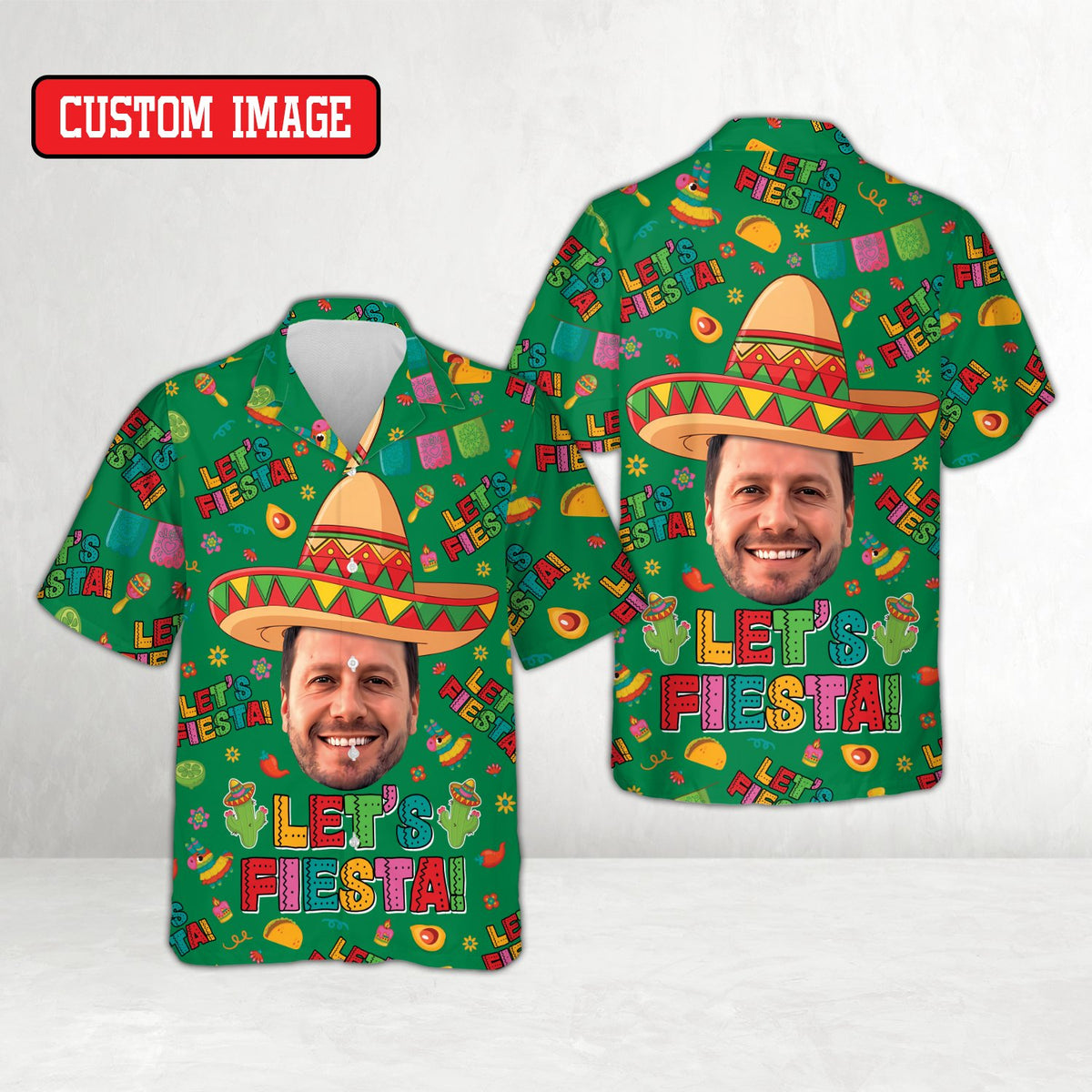 Matching family hawaiian shirt in green fiesta design, front view