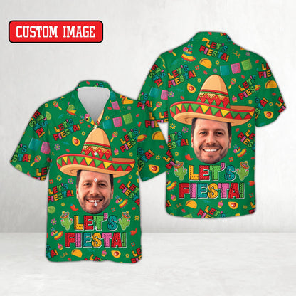 Matching family hawaiian shirt in green fiesta design, front view