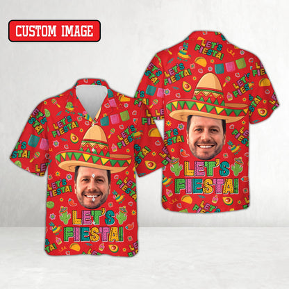 Matching family hawaiian shirt in red fiesta design, front view
