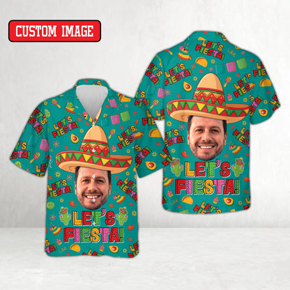 Matching family hawaiian shirt in teal fiesta design, front view