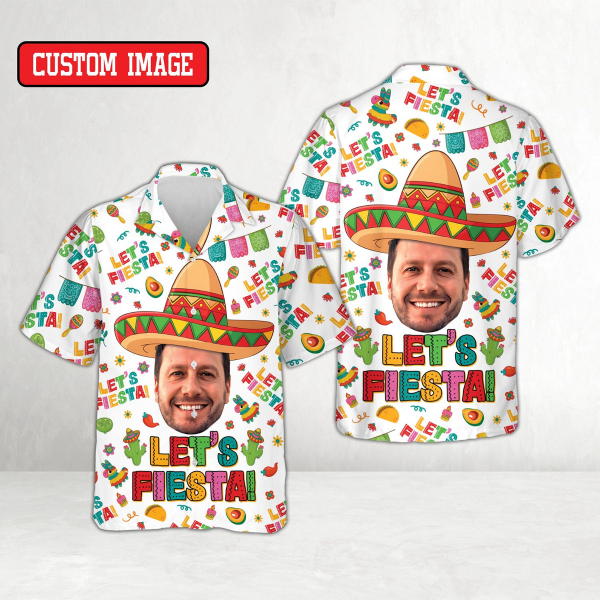 Matching family hawaiian shirt in white fiesta design, front view