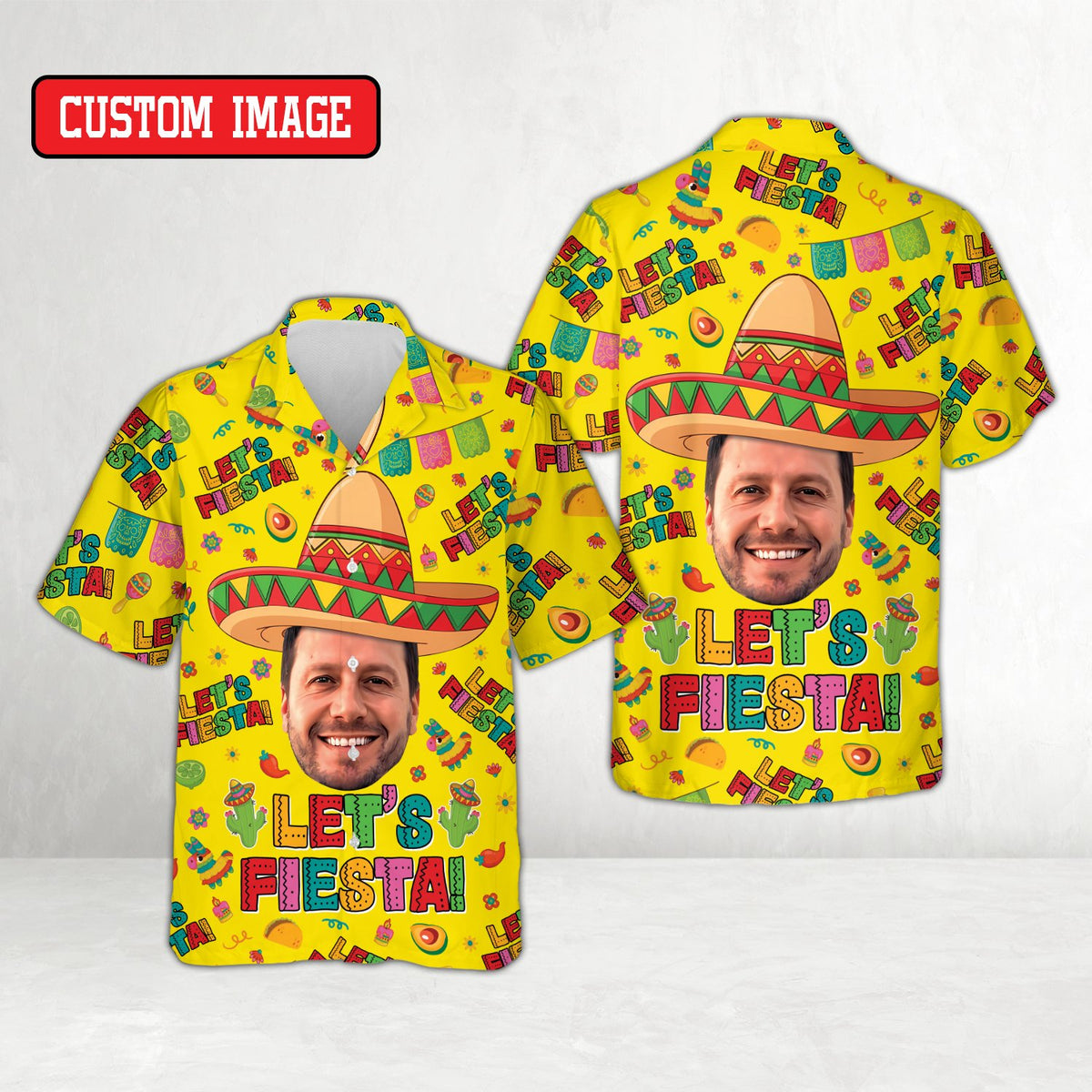Matching family hawaiian shirt in yellow fiesta design, front view