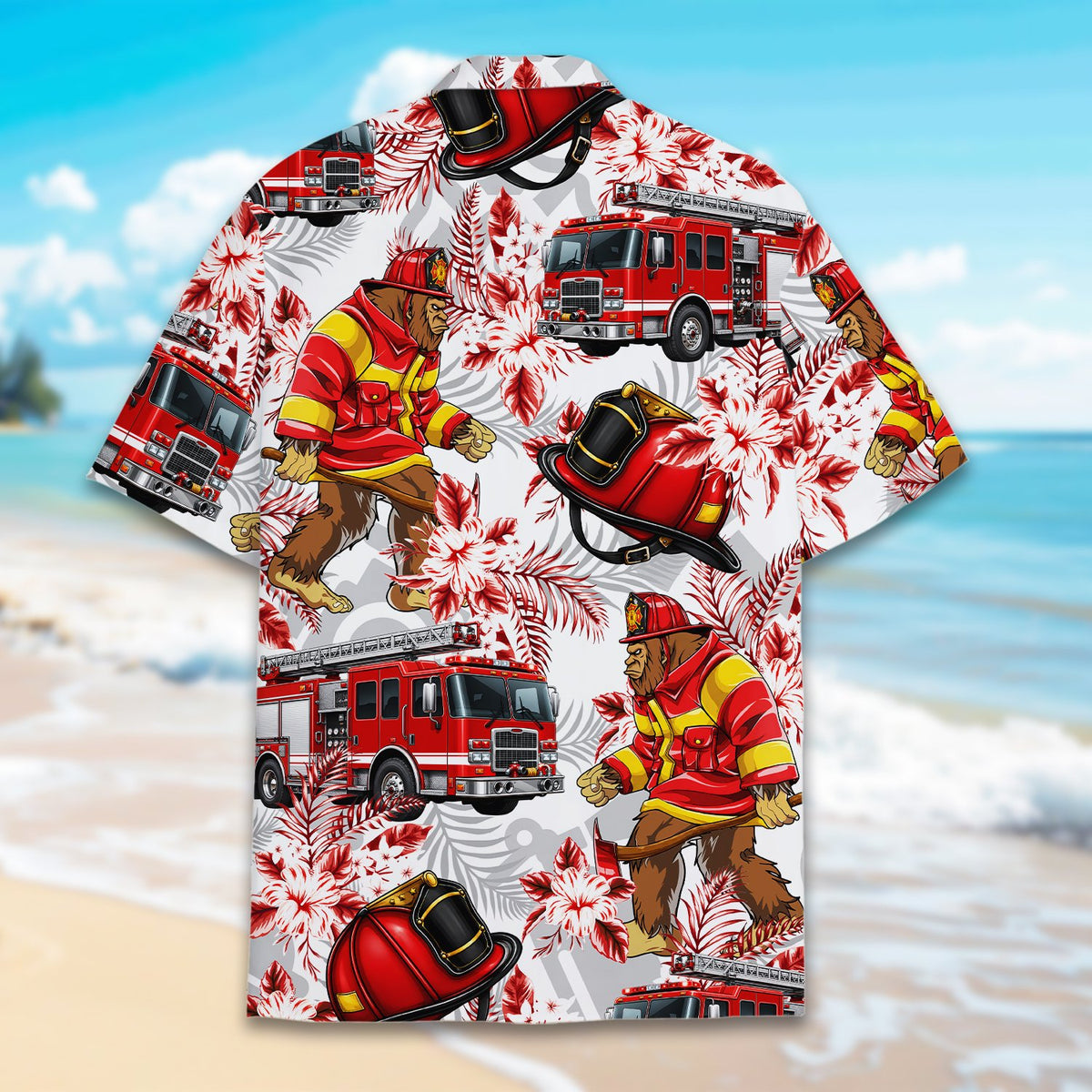 Close up back view of the firefighter bigfoot hawaiian shirt