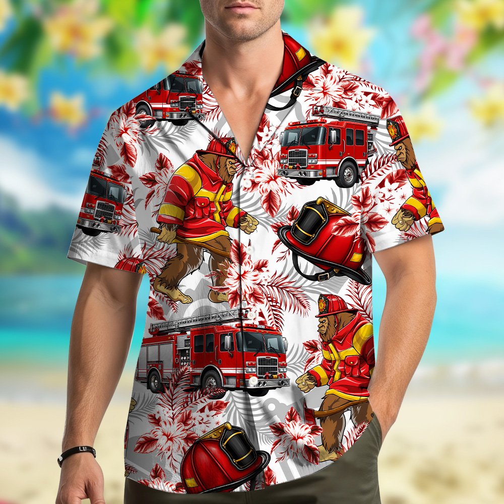 Close up front view of the tropical firefighter bigfoot hawaiian shirt