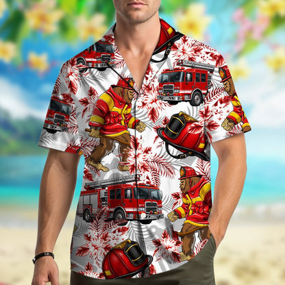 Close up front view of the tropical firefighter bigfoot hawaiian shirt
