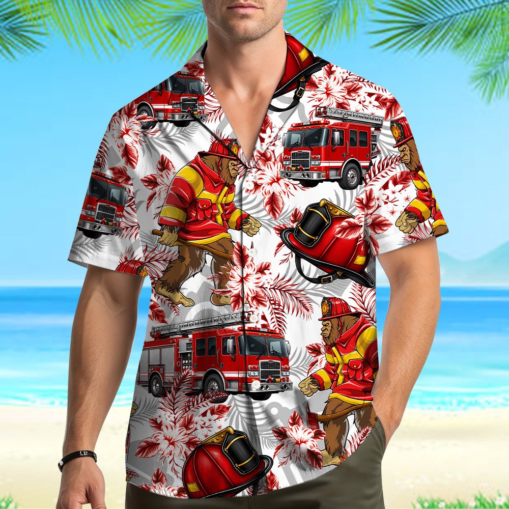 Front view of the white firefighter hawaiian shirt