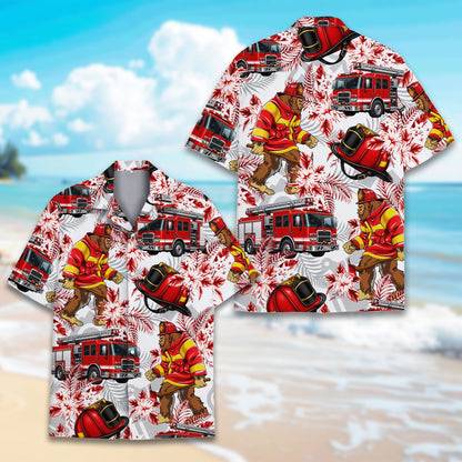 Third lifestyle view of the firefighter bigfoot hawaiian shirt